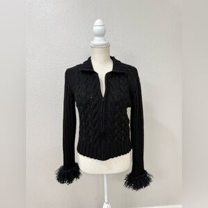 Y2K Italian Cable Knit Sweater Jacket Tibet Lamb Fur Cuffs Cropped Zip Black M